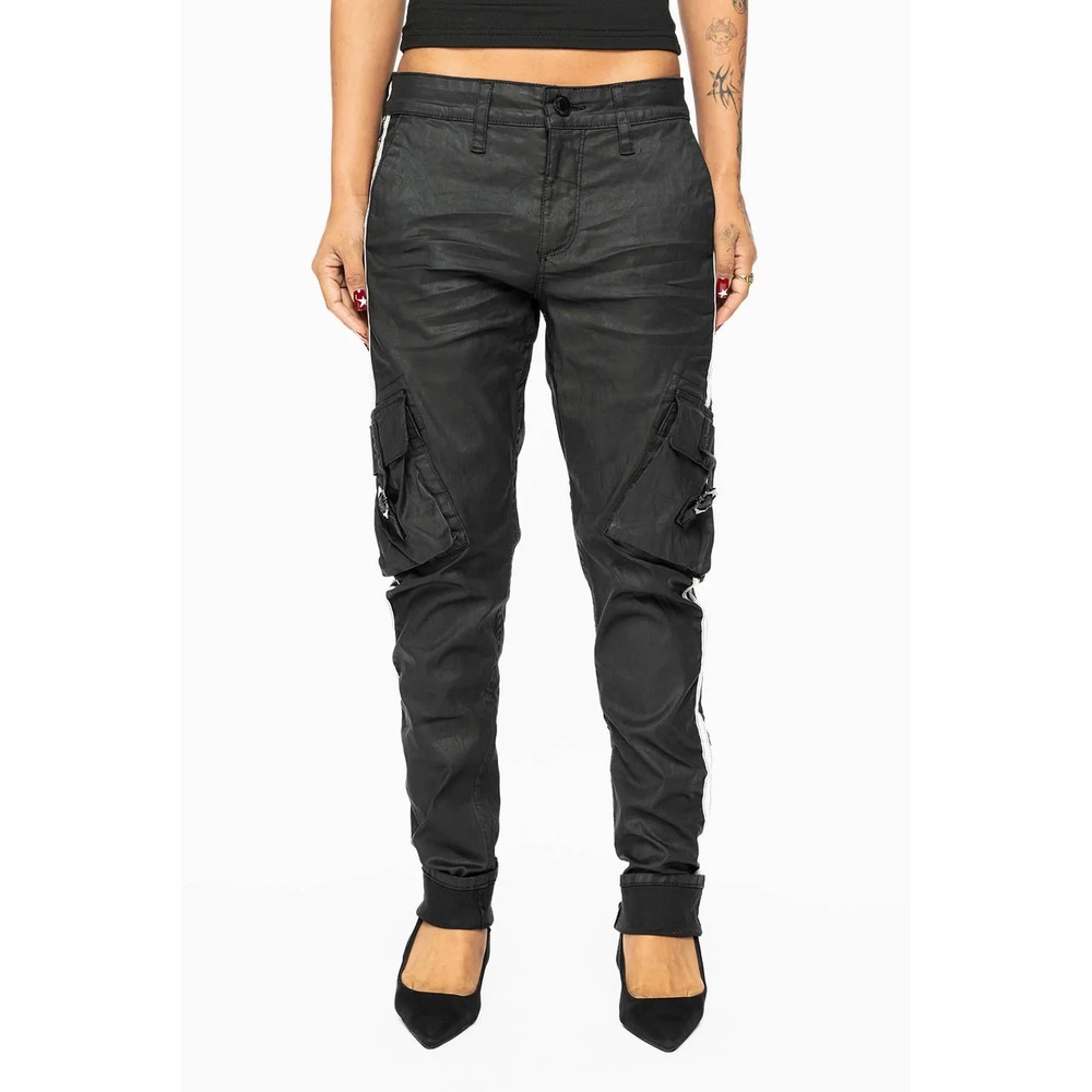 Robin's Jeans Predator Cargo Pants Women's 25 Black Coated Side Striped Sporty